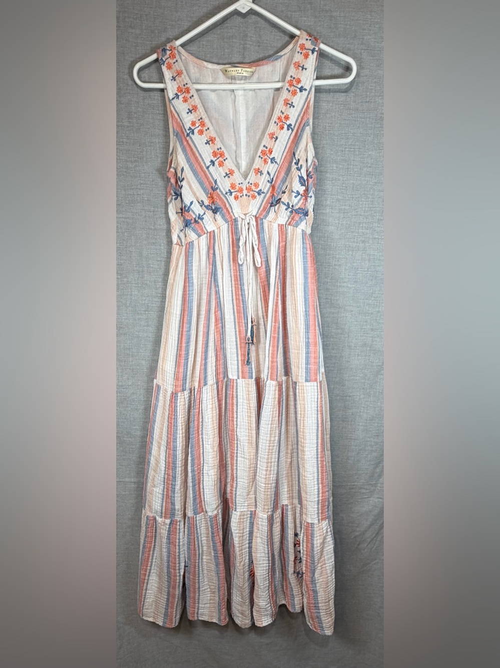 eshakti Cream Maxi Dress with Blue & Coral Embroidery